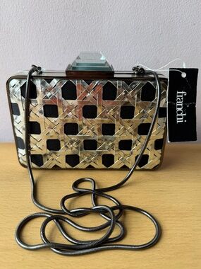 Vintage FRANCHI Silver Black Evening Bag Purse Clutch Geometric Blue Lucite Lock